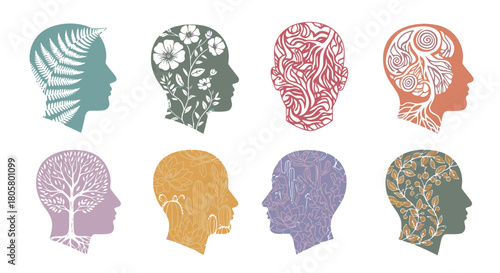 Diverse Human Head Silhouettes with Intricate Patterns Representing Thoughts and Nature.