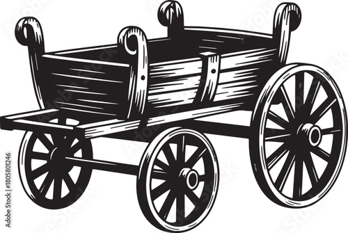 Vintage Decorative Wooden Cart: Engraving Style Vector Illustration of Antique Wagon