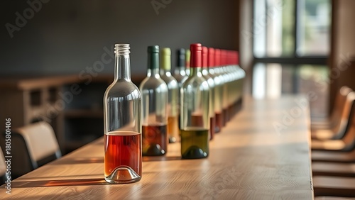 tennessine. Still life of empty wine bottles casually arranged on a wooden table. bar promotions, beverage menus, designed for food & beverage menus and cafe branding, used by architects.