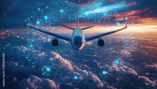 Front view of a jet airliner flying above a glowing cloudscape at sunset with digital network nodes and luminous connections, futuristic, serene and majestic