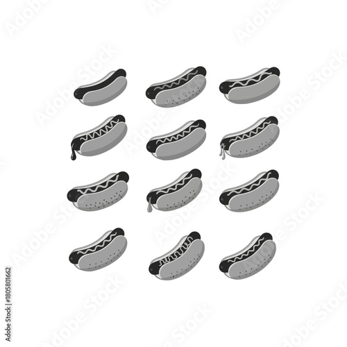 A set of twelve black and white hot dog illustrations showing various stages of adding condiments.
