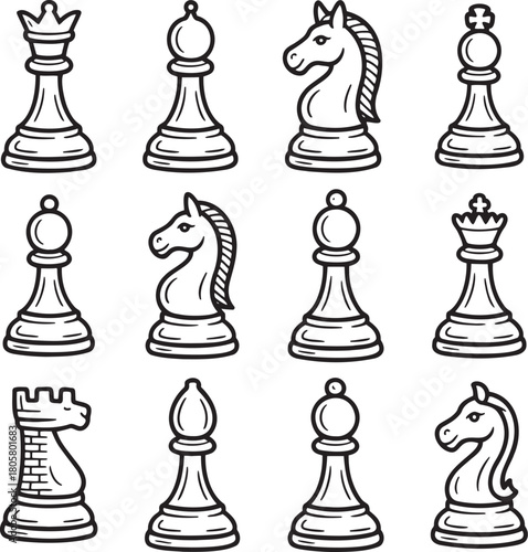 Hand-Drawn Vector Icons of Game Pieces and Royalty