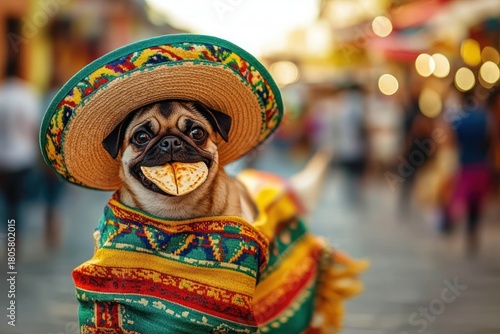 Fototapeta Naklejka Na Ścianę i Meble -  small pug wearing a colorful sombrero and woven serape on a lively street with bokeh lights and blurred crowd, holding a tortilla chip in its mouth, playful joyful expression