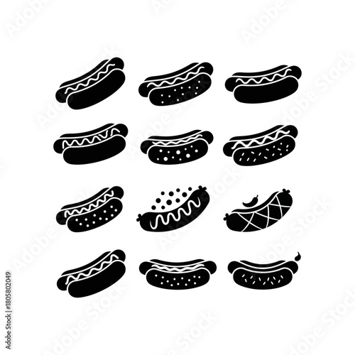 A collection of stylized black and white hot dog illustrations, showcasing different designs.