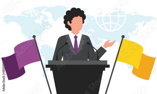 Vector Illustration of a Politician or Speaker Giving a Speech at a Podium, Representing Diplomacy, Global Issues, Leadership, Public Speaking, International Relations, and Government Concepts.
