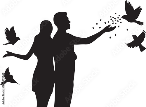Bird Feeding Couple Silhouette | Valentine Love Illustration