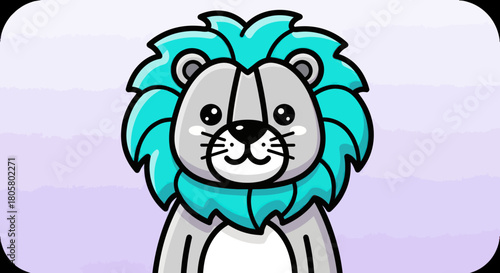 Cute cartoon lion with teal mane and friendly expression on a light background.