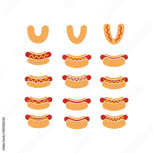 Stylized vector illustrations of hot dogs with buns, sausages, mustard, and ketchup toppings in a grid.