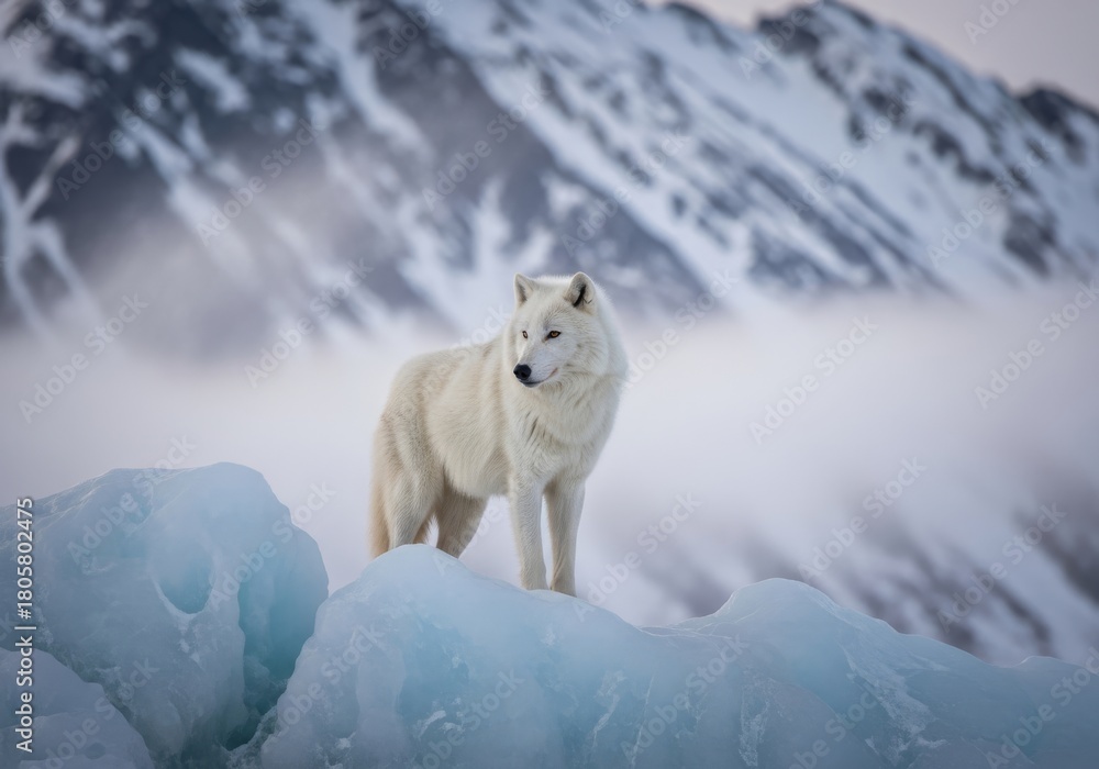 Obraz premium Cute white polar fox mammal predator in arctic winter snow nature wildlife fur