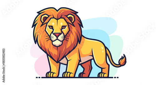 Majestic cartoon lion standing proudly with a vibrant mane illustration.