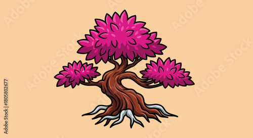 Stylized Pink Tree with Gnarled Trunk and Exposed Roots.