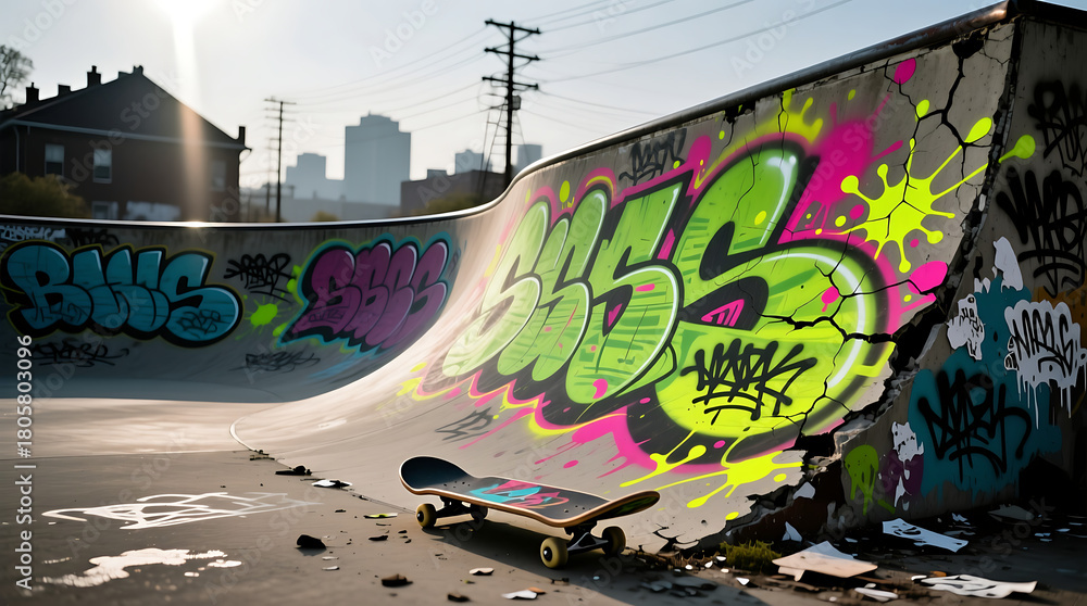 Naklejka premium Skateboard ready for action at vibrant skate park, colorful graffiti art adds to urban energy, inviting scene for extreme sports enthusiasts and street culture lovers
