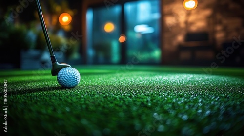 Golf club poised behind a dimpled ball on glistening green turf at night with warm bokeh lights, calm focused practice mood