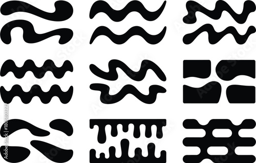 Abstract black organic fluid wavy dripping blob shapes vector set on a clean white background, perfect for modern graphic design, minimalist patterns, digital art projects, and contemporary visual bra
