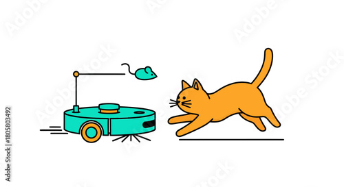 Playful orange cat chasing robotic vacuum cleaner with toy mouse, a humorous take on domestic life and modern pet care, perfect for advertising