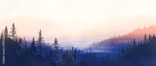 Sunrise in the mountains, wild forest, valley in the fog, vector illustration