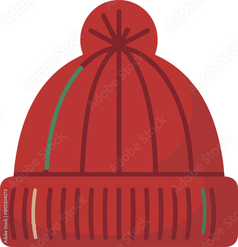 Red knitted winter hat vector with a pompom and striped brim for cold weather clothing.