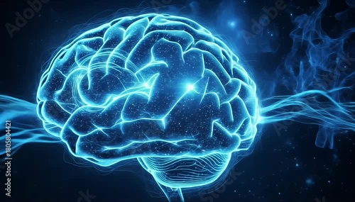 Dynamic glowing brain activity visualization for science education and medical research projects, modern technology and futuristic design