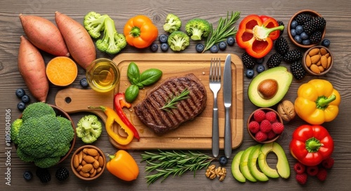 Fototapeta Naklejka Na Ścianę i Meble -  A wooden cutting board with a grilled steak, vegetables, and fruits on a wooden table.