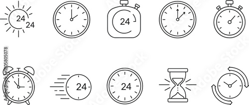 Set of Ten Outline Vector Icons for Time Management, Including Clocks, Stopwatch, Alarm Clock, Hourglass, and 24-Hour Service Symbol, Ideal for Scheduling and Measurement Concepts.