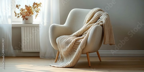cozy cream armchair draped with chunky knitted blanket beside a sunlit window with a vase of dried flowers, sheer curtains and warm wooden floor creating a calm inviting atmosphere