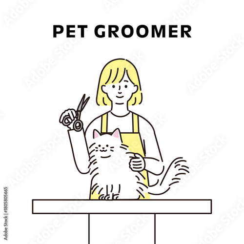 猫の毛をトリミングする女性のイラスト