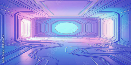 Futuristic Neon Tunnel Interior with Glowing Blue Purple Arches and Infinite Perspective Dreamy Cyberpunk Digital Architecture Background
