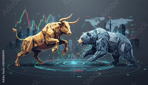 A digital illustration of a bull and bear representing financial markets and trading.
