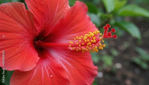 Close-up view of a vibrant red hibiscus flower, showcasing its intricate details and delicate petals.