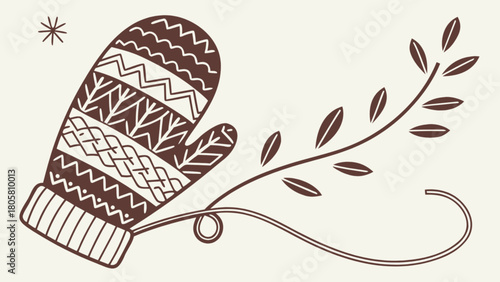 Illustration of a patterned mitten with a decorative branch and a small star element design