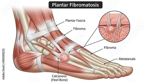 Detailed Medical Illustration of Plantar Fibromatosis in Human Foot Showing Fibroblasts and Bone Structure