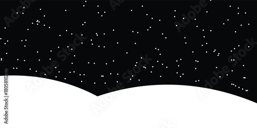 A minimalist night sky illustration featuring white stars scattered over smooth, curving snowy hills on a clean black-and-white background.