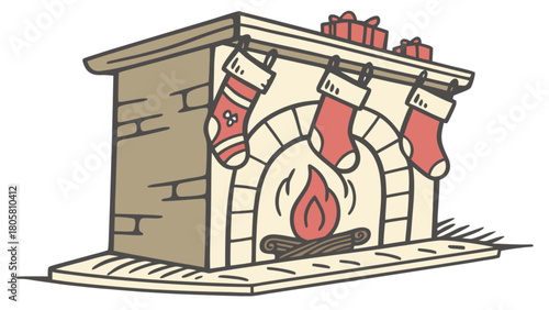 Illustration of a christmas fireplace with stockings and presents on top of the mantelpiece decor