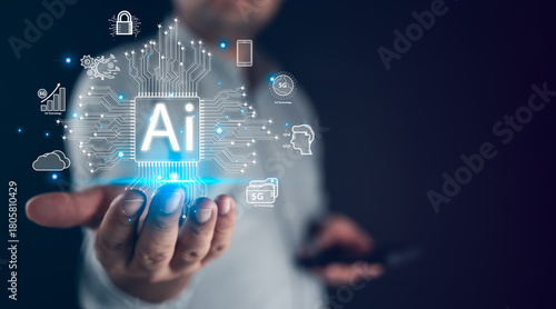 Artificial intelligence, AI technology. Clever robot operated by a man with technology (AI) is the ability to produce something by entering command prompt, transforming technology in futuristic way.
