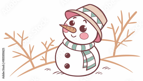 Illustration of a cute snowman with a hat and scarf standing in a snowy winter landscape scene