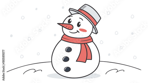 Illustration of a cheerful snowman with a hat and scarf standing in a snowy winter landscape scene