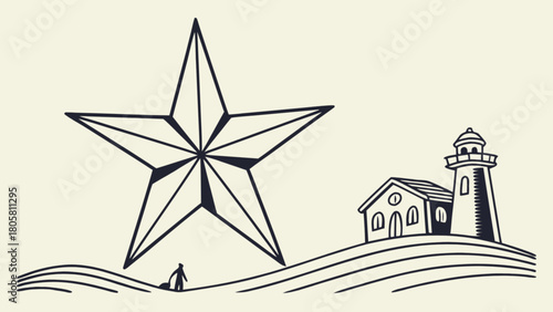 Illustration showing a star, lighthouse, house, waves, and a person on a light background scene