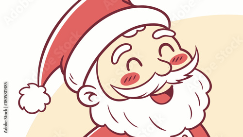 Illustration of santa claus with a red hat and white beard smiling with his eyes closed on a light background