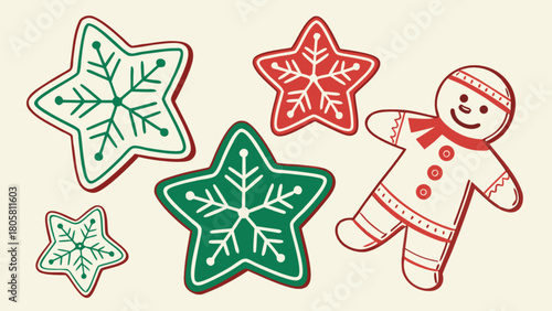 Illustration of gingerbread man and star shaped cookies with snowflake designs on a cream background