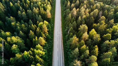 Aerial drone view of a straight asphalt road dividing an expansive, lush green coniferous forest, symbolizing journey, adventure, and the serene beauty of untouched nature