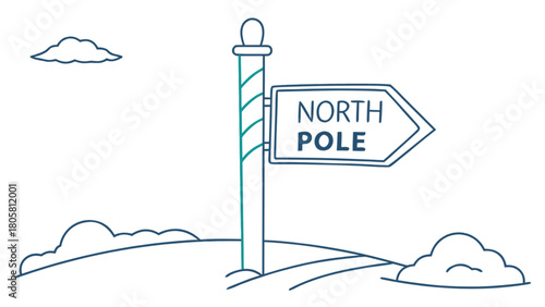 Illustration of a north pole signpost with clouds and a simple landscape background design element