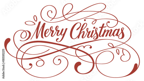 Merry christmas text with decorative swirls in red color on a white background for holiday greetings