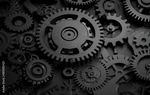 Wallpaper Mural Close-up of interlocking matte black metal gears and cogs conveying precision, mechanical complexity and intense industrial power Torontodigital.ca