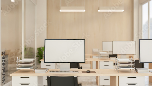 Fototapeta Naklejka Na Ścianę i Meble -  White screen computer and document on wooden drawer table and chair in office company workplace room