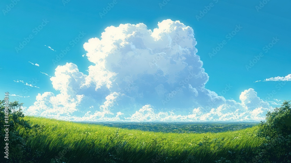Fototapeta premium sunlit green meadow and low bushes framing a vast blue sky with a towering white cumulus cloud, evoking calm awe and peaceful summer solitude