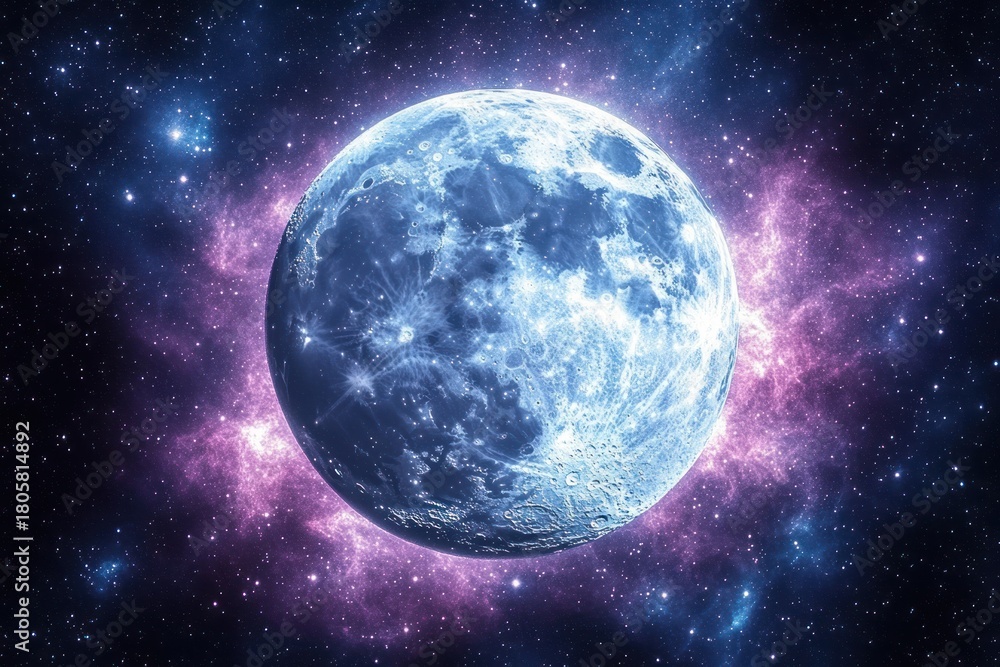 Fototapeta premium icy blue moon with detailed craters floating in star-filled space wrapped in a glowing pink nebula, serene and mysterious