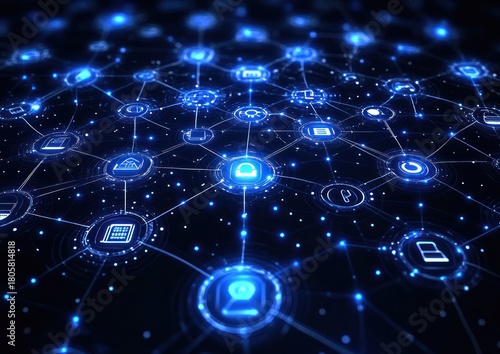 Wallpaper Mural glowing blue network of interconnected digital nodes and icons with lock, device, document and communication symbols conveying secure futuristic connectivity Torontodigital.ca