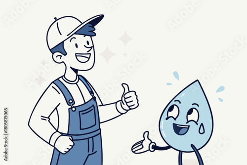 Reliable plumber giving a thumbs up to a happy water drop character, showcasing trust and friendly service for plumbing solutions