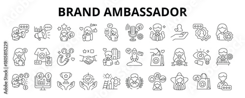 30 Brand Ambassador Line Icons Vector - Brand Advocate, Marketing, Influencer, Endorsement, Public Figure, Trusted, Ambassador, Recommendation