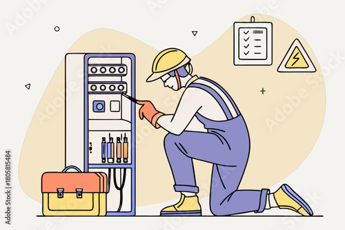 Expert electrician meticulously inspecting electrical panel, ensuring safety and optimal performance in a modern industrial setting, promoting reliability and trust
